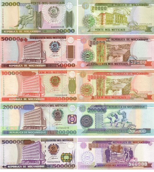 Zestaw 5 banknotów: 20000, 50000, 100000, 200000, 500000 Meticali, Mozambik, 1993 - 2003 rok, UNC