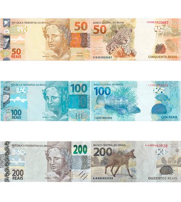 3 banknotes 50, 100, 200 Reais, Brazil, 2010 - 2020, UNC