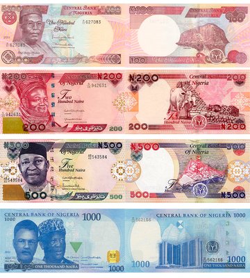 4 banknotes 100, 200, 500, 1000 Naira, Nigeria, 2014 - 2023, UNC