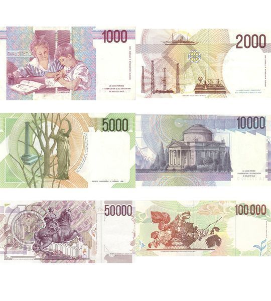 6 банкнот 1000, 2000, 5000, 10000, 50000, 100000 Lire, Італія, 1984 - 1994, UNC 003203 фото 6 банкнот 1000, 2000, 5000, 10000, 50000, 100000 Lire, Італія, 1984 - 1994, UNC 003203 фото