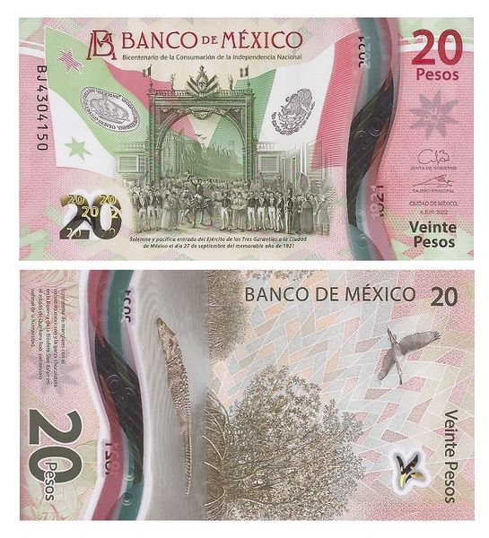 20 Pesos, Mexico, 2022, UNC Polymer