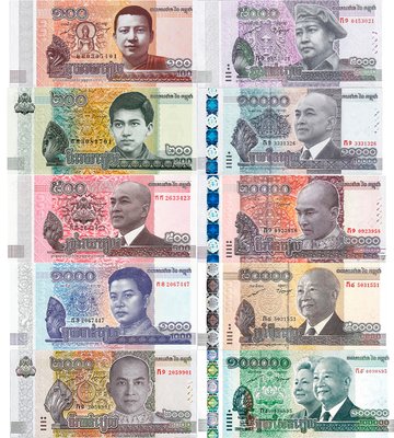 10 banknotów 100 - 100000 Riels, Kambodża, 2012 - 2022, UNC
