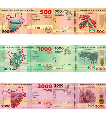 3 banknotes 500, 1000, 2000 Francs, Burundi, 2015 - 2021, UNC