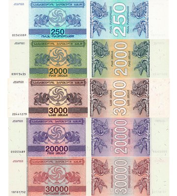 5 banknotów 250, 2000, 3000, 20000, 30000 Kuponi, Gruzja, 1993 - 1994, UNC