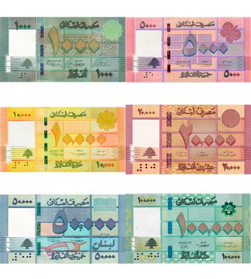 6 banknotów 1000, 5000, 10000, 20000, 50000, 100000 Livres, Liban, 2014 - 2022, UNC