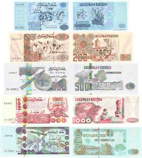 5 banknotów 100, 200, 500, 1000, 2000 Dinars, Algieria, 1992 – 2019 rok, UNC