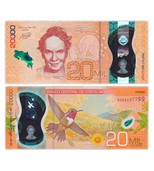 5 banknotes 1000, 2000, 5000, 10000, 20000 Colones, Costa Rica, 2018 - 2019, UNC Polymer