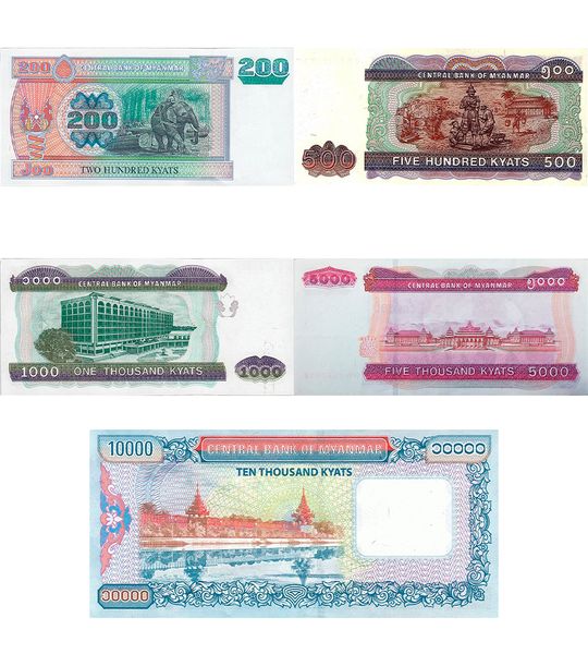 5 банкнот 200, 500, 1000, 5000, 10000 Kyats, М'янма, UNC 002357 фото