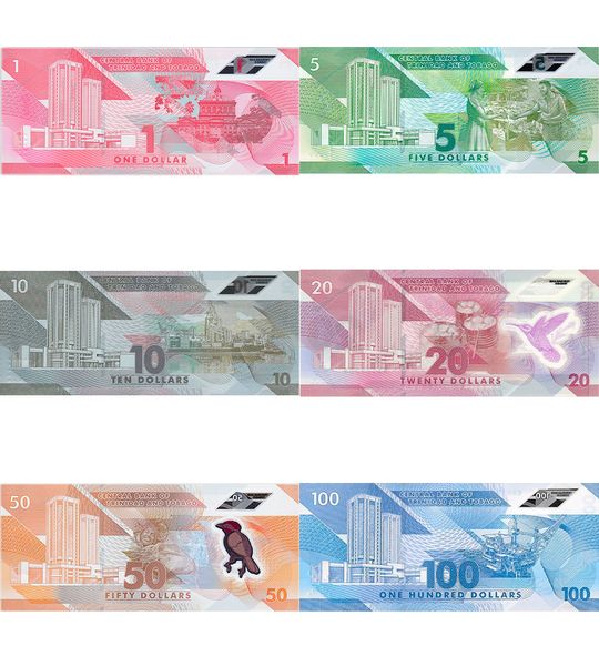 6 банкнот 1, 5, 10, 20, 50, 100 Dollars, Тринідад і Тобаго, 2019 - 2020 рік, UNC 002107 фото