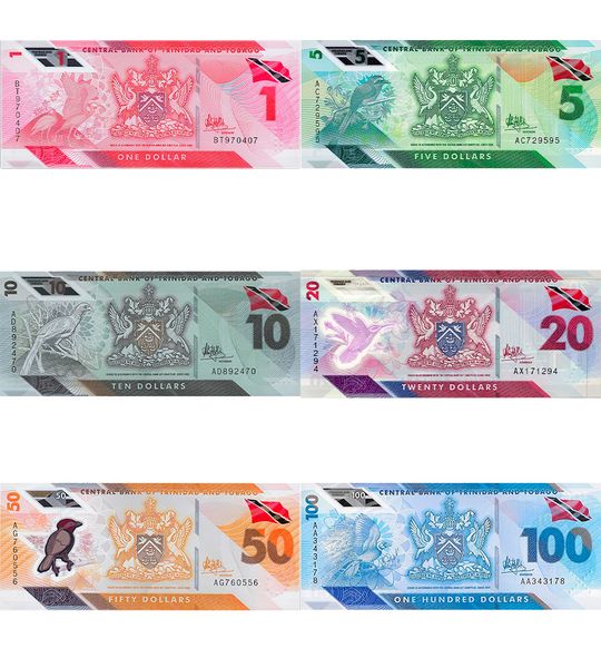6 banknotes 1, 5, 10, 20, 50, 100 Dollars, Trinidad, 2019 - 2020, UNC