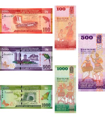 3 banknotes 100, 500, 1000 Rupees, Sri Lanka, 2006 - 2021, UNC