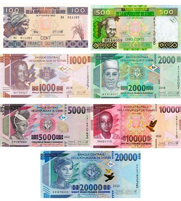 7 banknotów 100, 500, 1000, 2000, 5000, 10000, 20000 Francs, 2012 - 2022, Gwinea, UNC