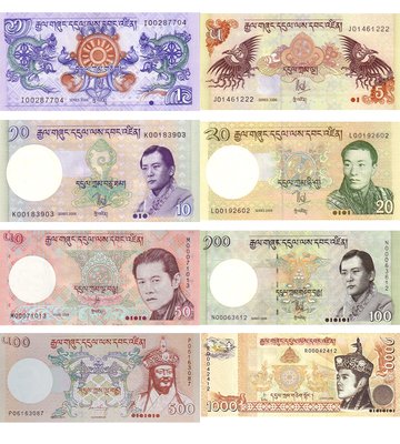 8 банкнот 1, 5, 10, 20, 50, 100, 500, 1000 Ngultrum, Бутан, 2011 - 2021 рік, UNC 002808 фото