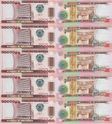 10 banknotes 50000 Meticais, Mozambique, 1993, UNC