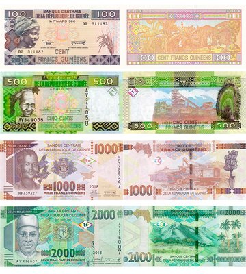 4 banknotes 100, 500, 1000, 2000 Francs, 2015 - 2021, Guinea, UNC