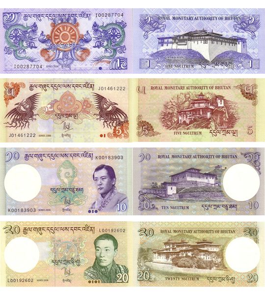 4 banknoty 1, 5, 10, 20 Ngultrum, Bhutan, 2011 - 2021, UNC