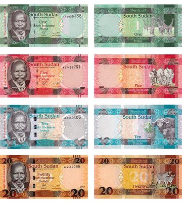 4 banknotes 1, 5, 10, 20 Pounds, Sudan South, 2011 - 2021, UNC