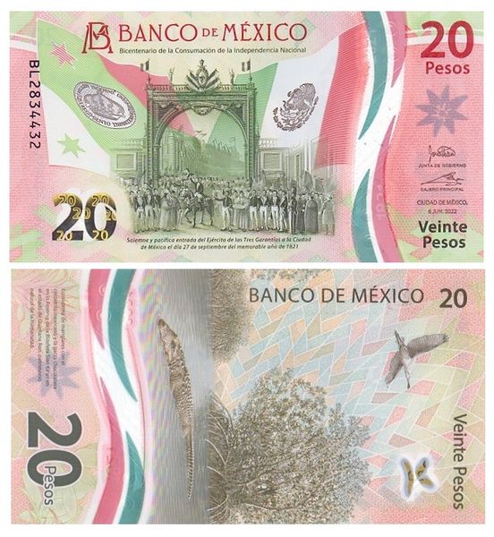 20 Pesos, Mexico, 2022, UNC Polymer