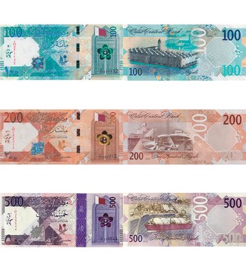 3 banknotes 100, 200, 500 Riyals, Qatar, 2020 - 2022, UNC