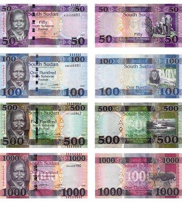 4 banknotes 50, 100, 500, 1000 Pounds, Sudan South, 2011 - 2021, UNC