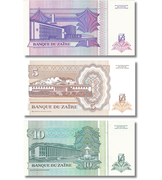3 банкноти 1, 5, 10 Nouveaux Zaires, Заїр, 1993 рік, UNC 005598 фото