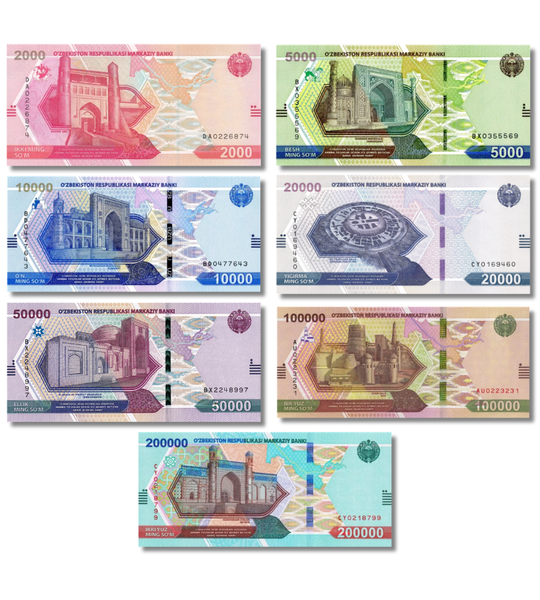 7 banconote 2000, 5000, 10.000, 20.000, 50.000, 100.000, 200.000 Sum, Uzbekistan, anni 2021 - 2022, UNC 005050 фото 7 banconote 2000, 5000, 10.000, 20.000, 50.000, 100.000, 200.000 Sum, Uzbekistan, anni 2021 - 2022, UNC 005050 фото